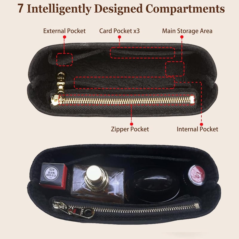 Doxo Purse Organizer Insert for Longchamp Le Pliage XS, Premium Felt Tote Bag Organizer with 7 Compartments and Zippered Pocket (Black, Mini) - Image 4